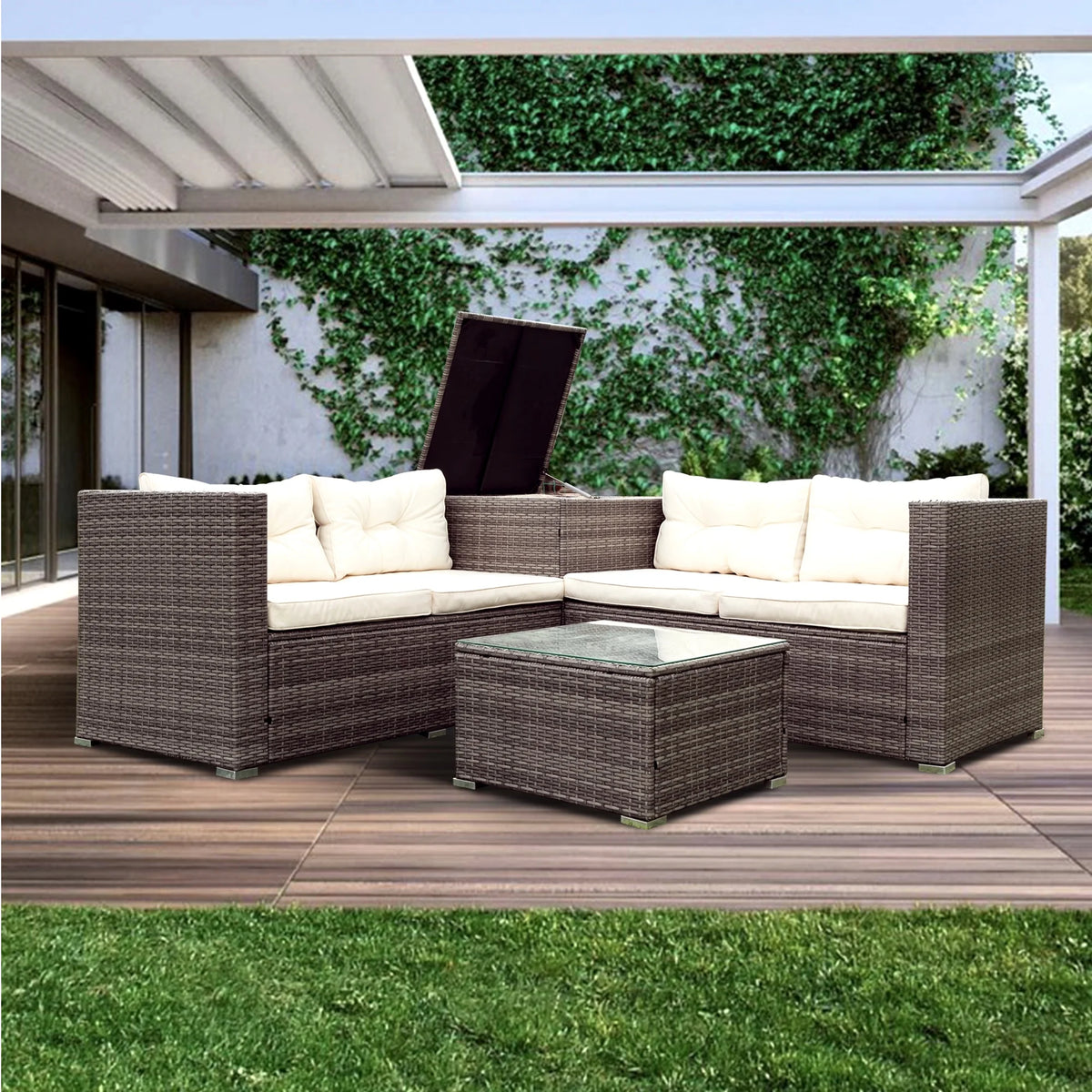 Creme 4 Piece Patio Sectional Wicker Rattan Outdoor Furniture Sofa Set with Storage Box Q8019
