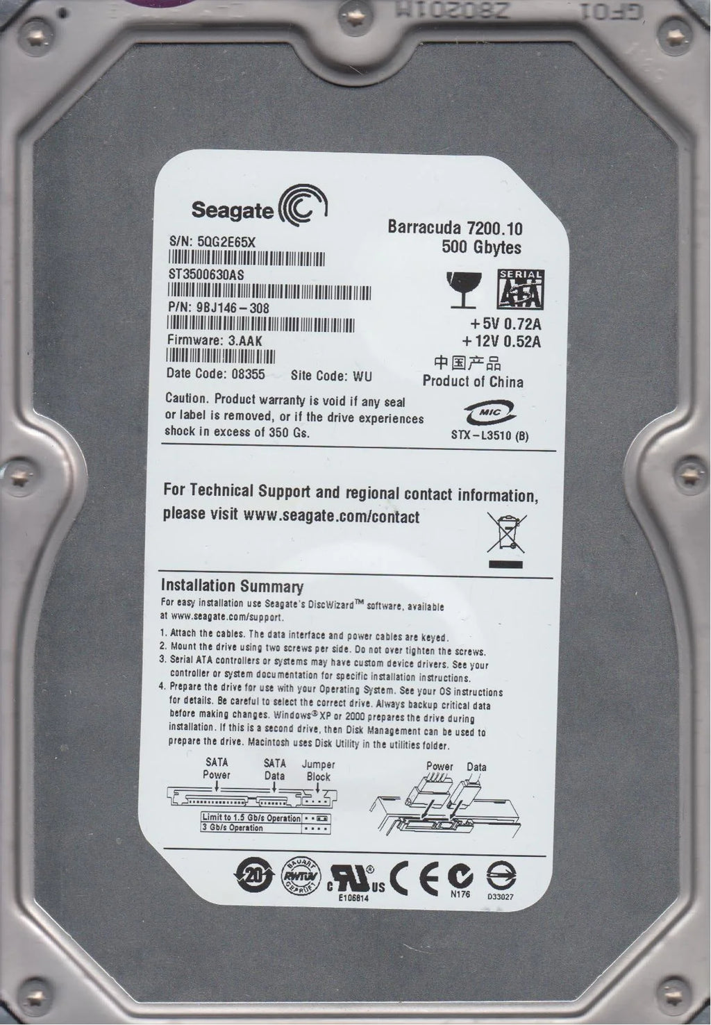 500GB SATA 3.5 Hard Drive V52880