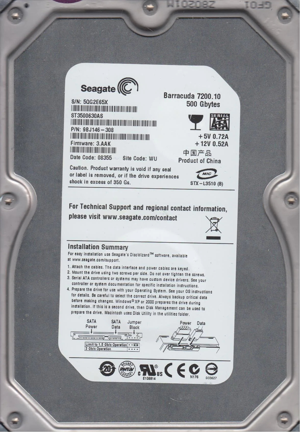 500GB SATA 3.5 Hard Drive V52880