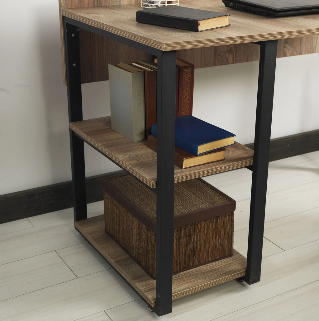 Black Metal Frame 58" Wooden Top 2 Shelves Writing and Computer Desk U8237