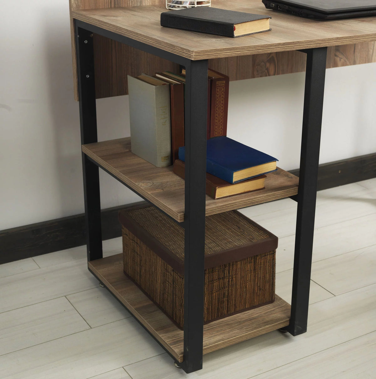 Black Metal Frame 58" Wooden Top 2 Shelves Writing and Computer Desk U8237