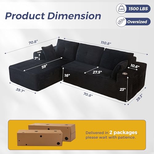 110" Modular Sectional Couch with L-Shape Chaise Black N15480