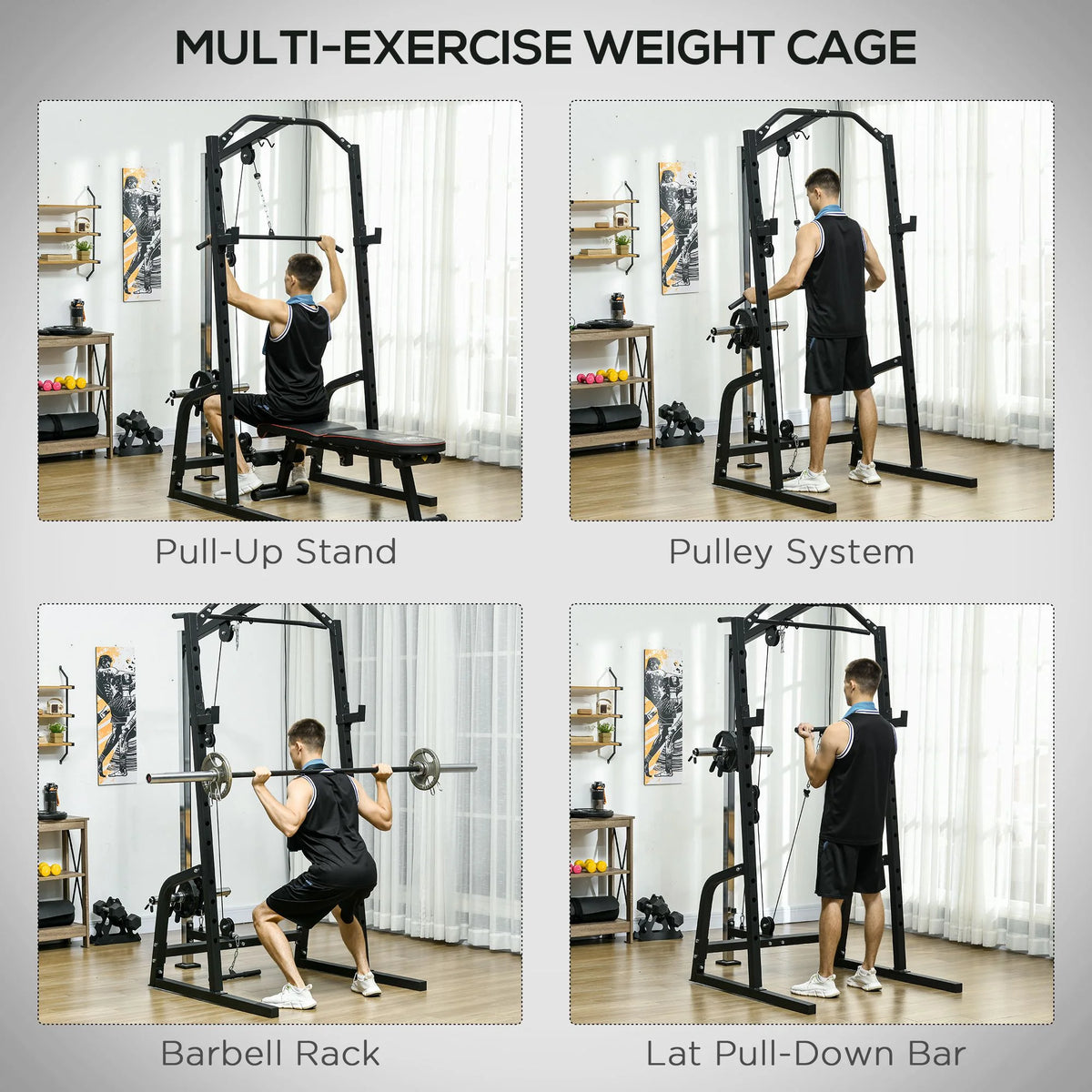 Power Cage with Pulley System Squat Rack Pull up Stand X36413