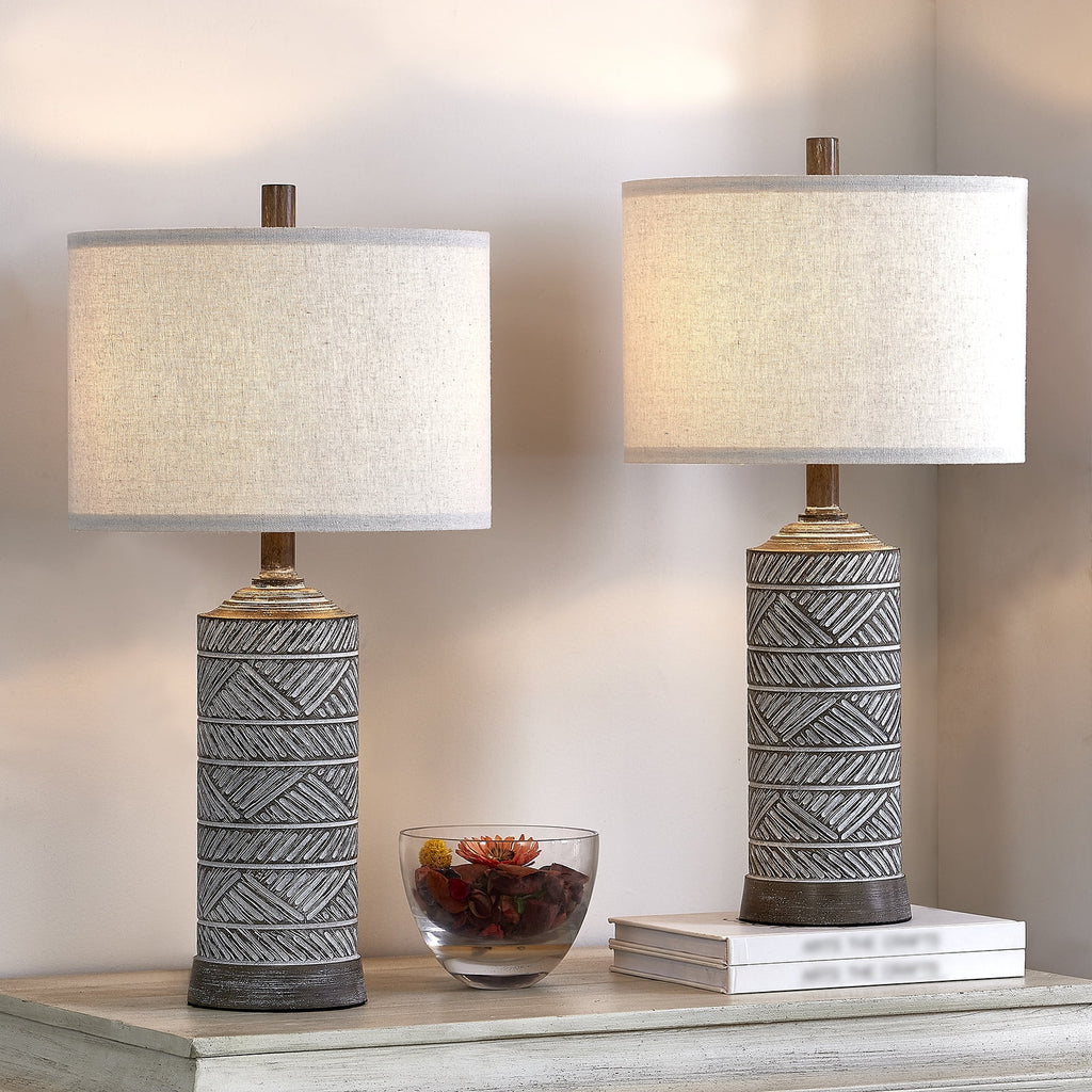 Farmhouse Table Lamp Set of 2 Weathered Wood Finish U737