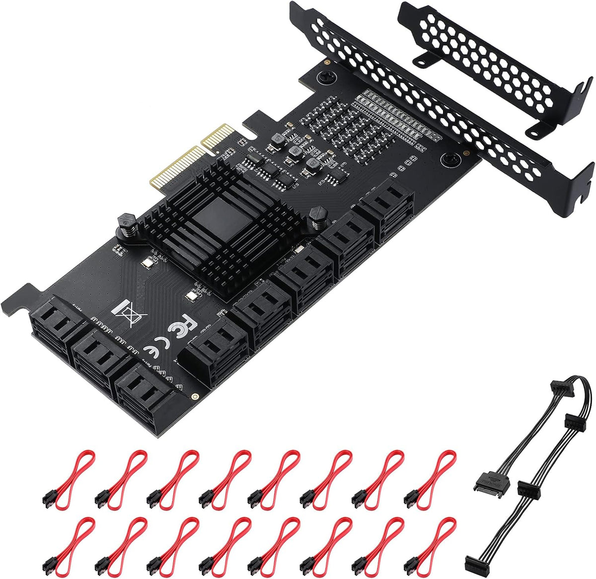 16 Port 4X SATA PCIe Expansion Card with 16 SATA Cables and Bracket O8491