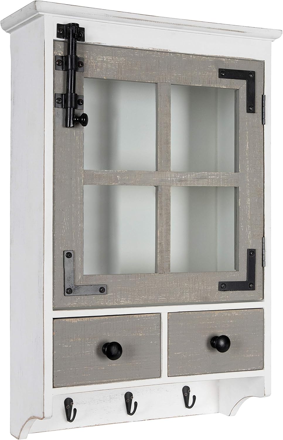 Rustic White Wood Wall Cabinet with Glass Door and 2 Drawers U2337
