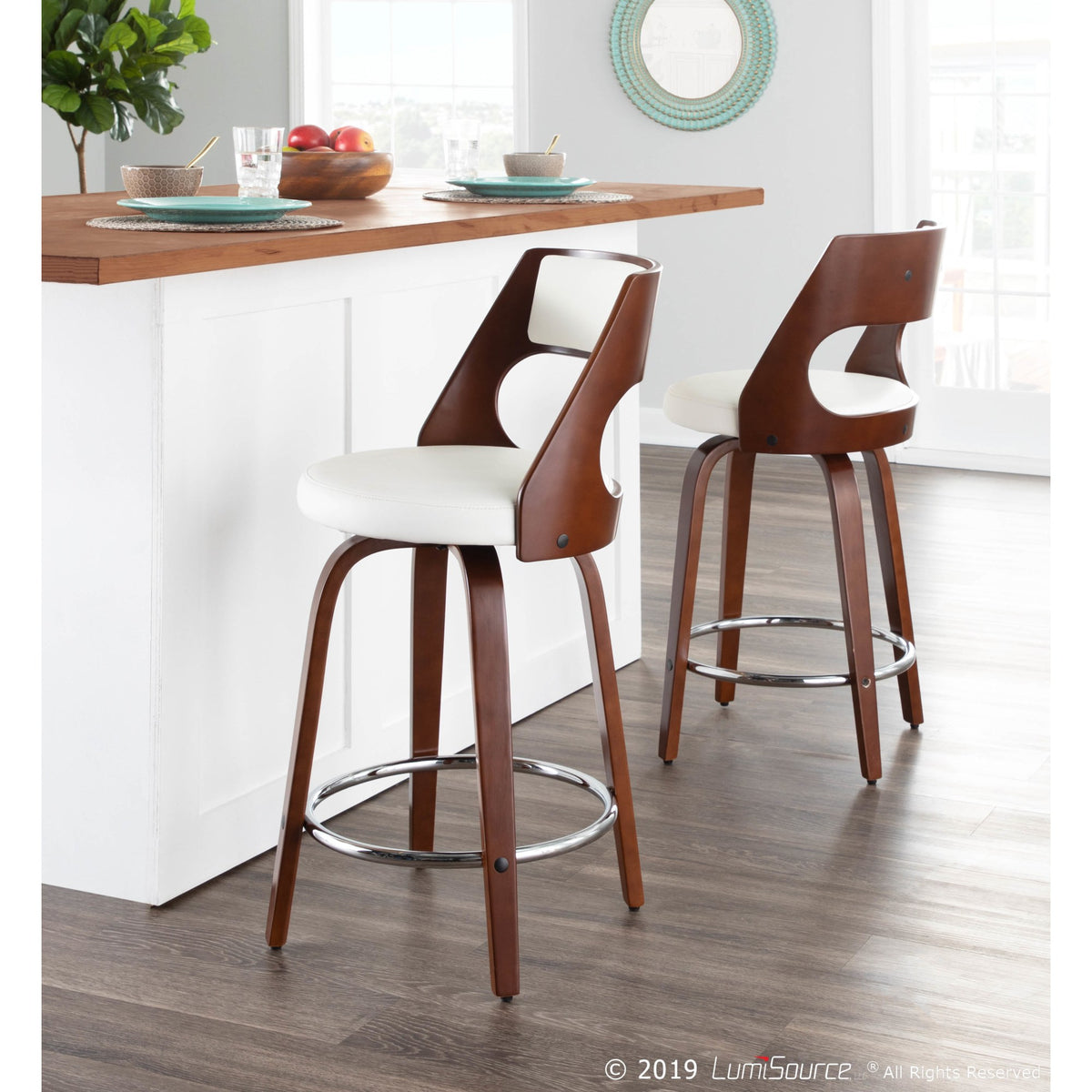 Cherry and White Faux Leather Swivel Counter Stool, Set of 2 C83176