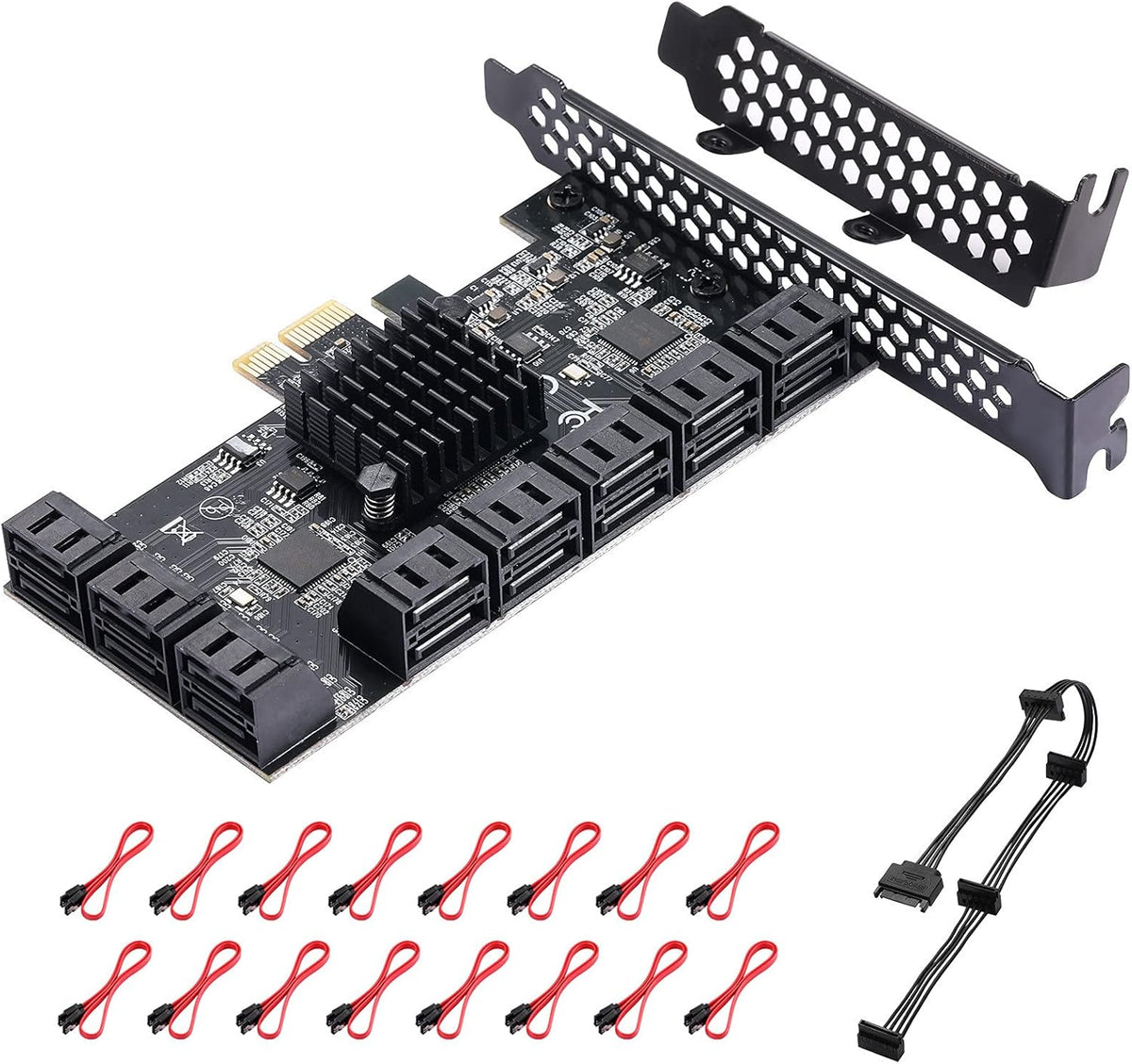 16 Port 4X SATA PCIe Expansion Card with 16 SATA Cables and Bracket O8491